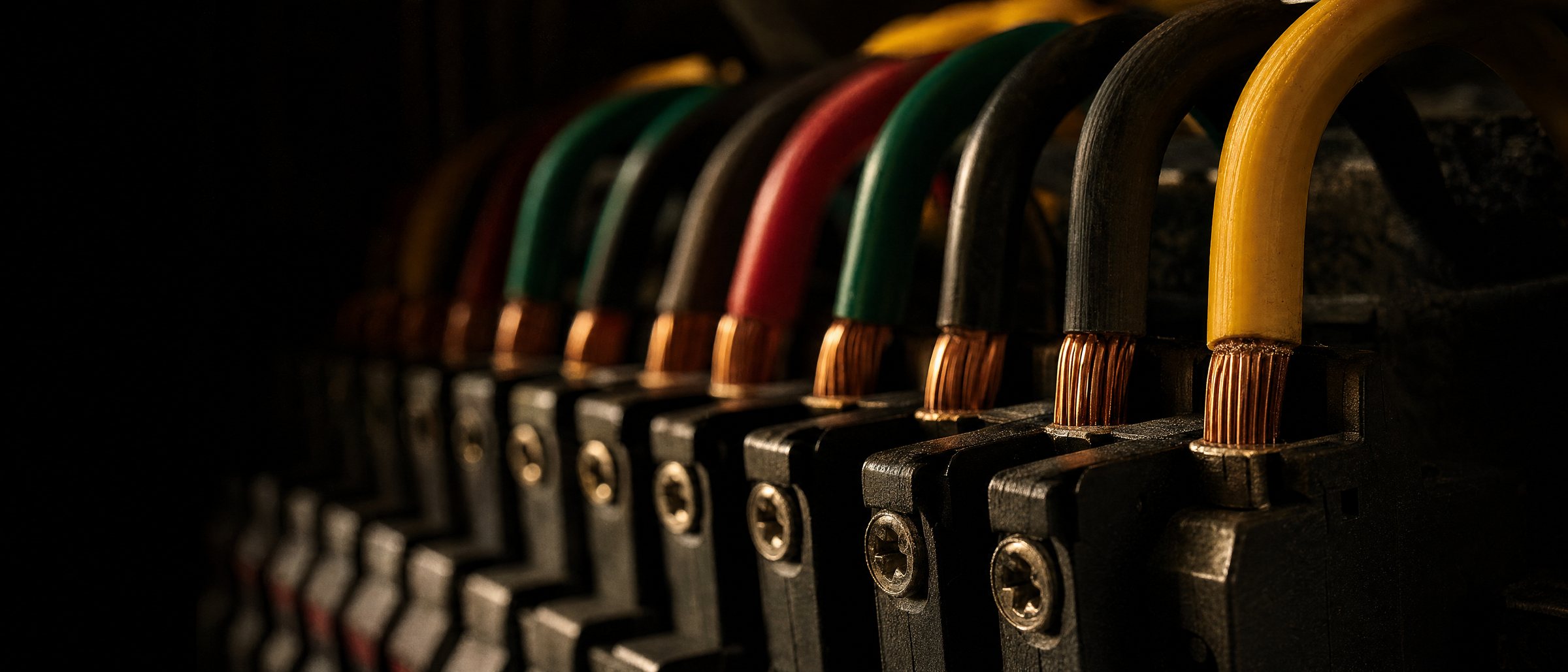 Macro detail of color-coded conductors running into breaker terminals